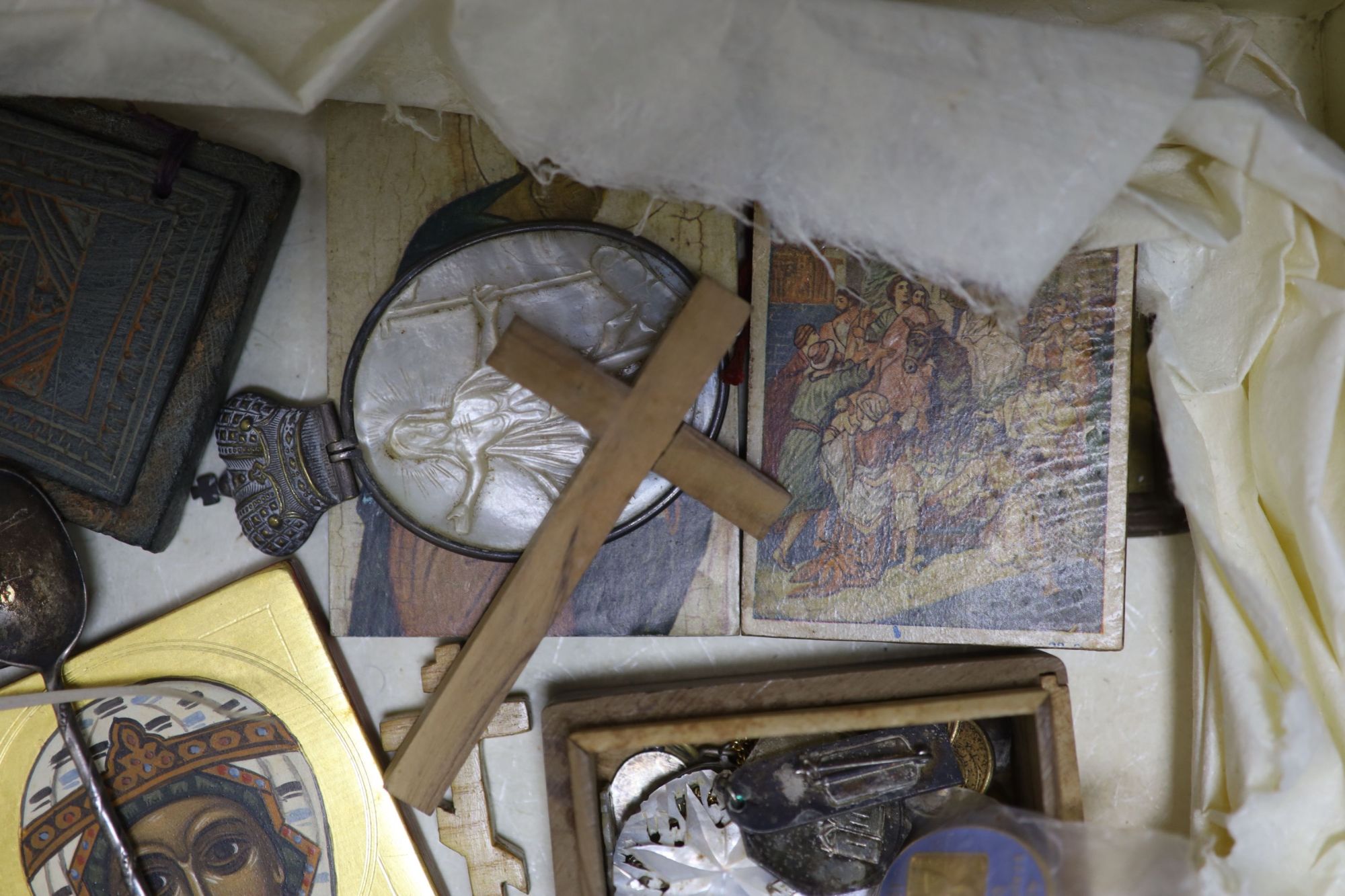 A quantity of religious artefacts including icons, crucifixes, etc.